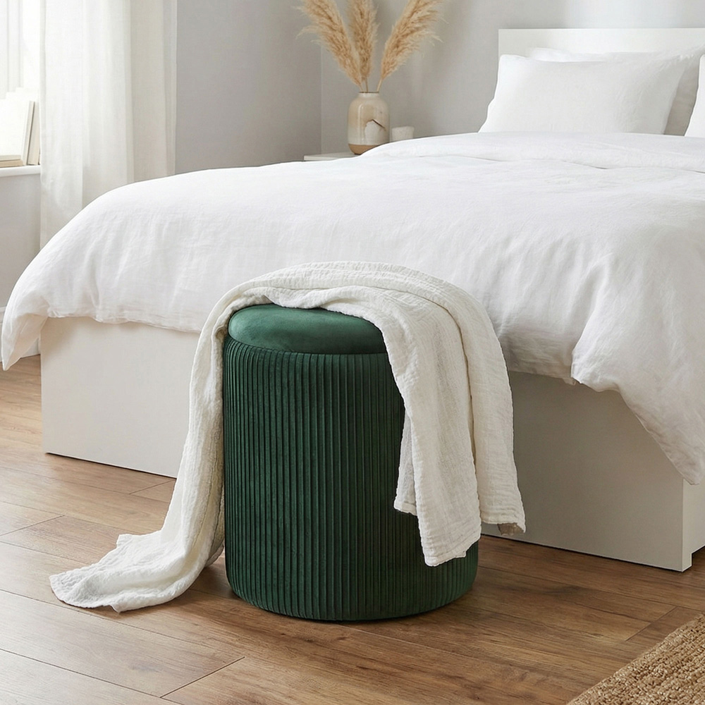 Portland Dark Green Round Storage Ottoman with Removable Top Image 3