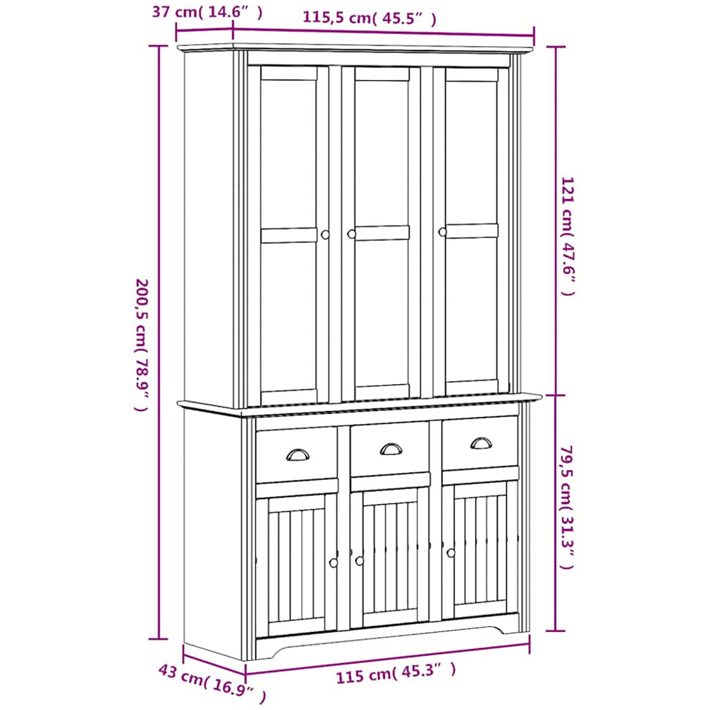 vidaXL 6 Door 3 Drawer White and Brown Solid Pine Wood Glass Highboard Image 9