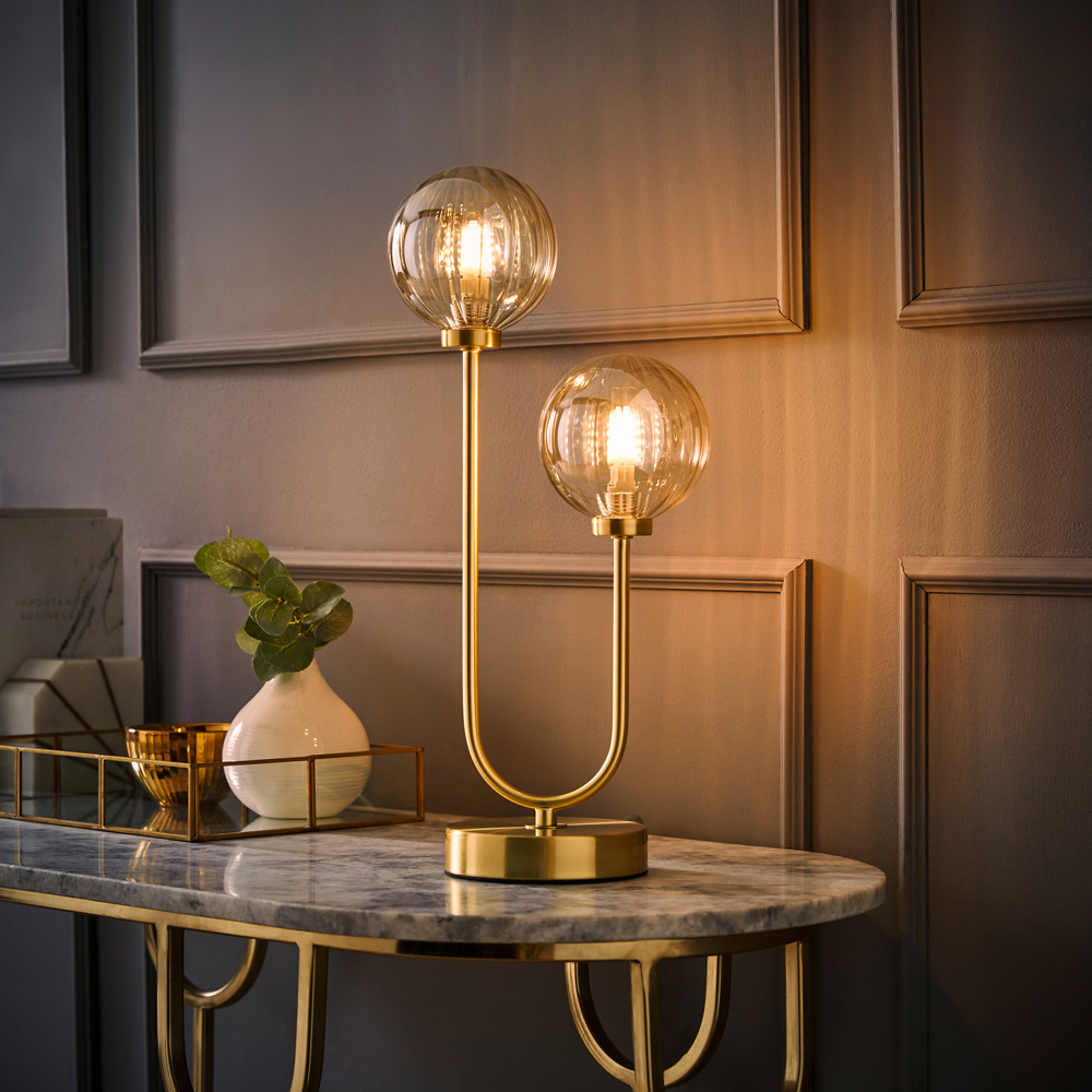 ValueLights Chessy 2 Way Ribbed Glass Globe Gold Stem LED Table Lamp Image 6
