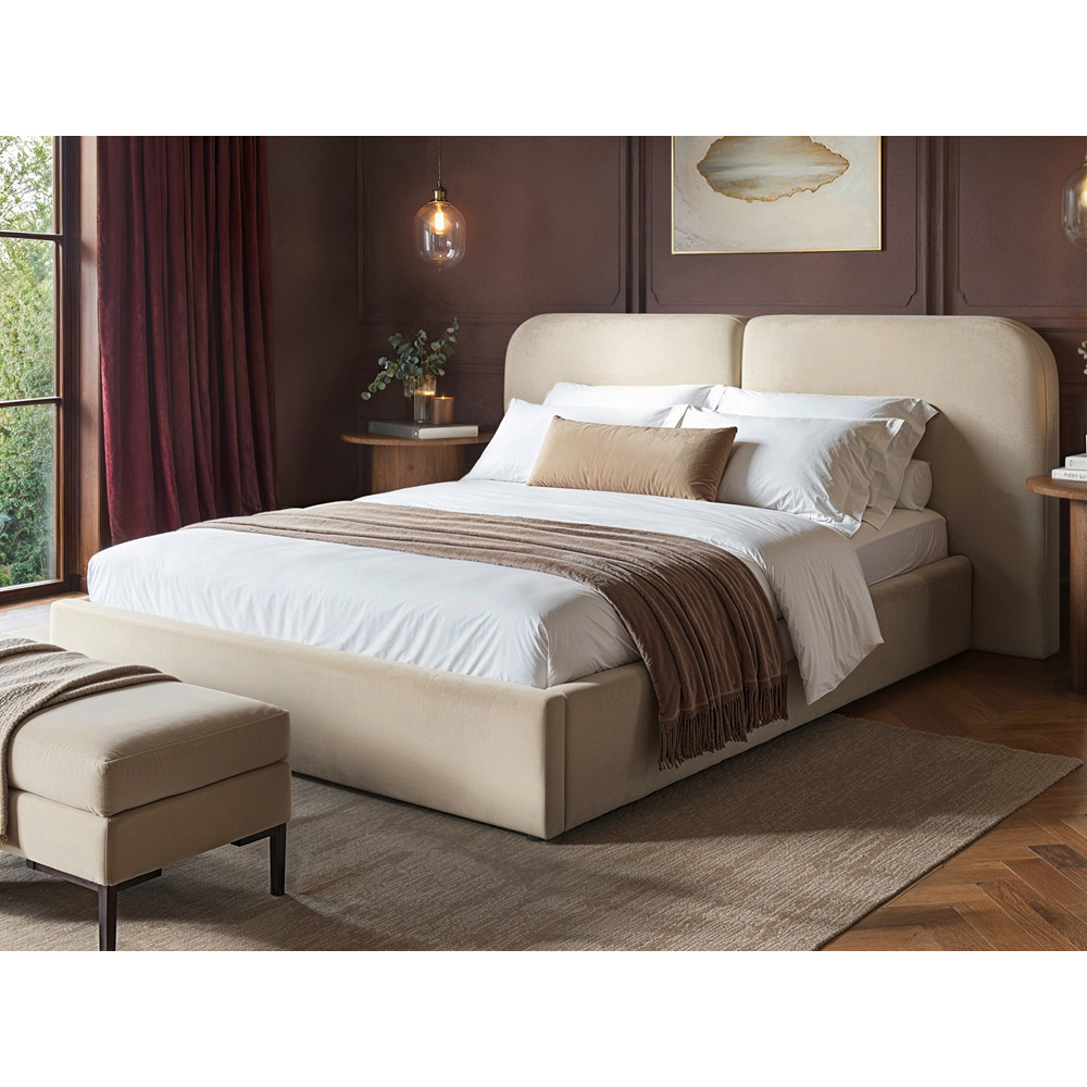 Solace+Co Lena Double Beige Velvet Ottoman Bed Image 4