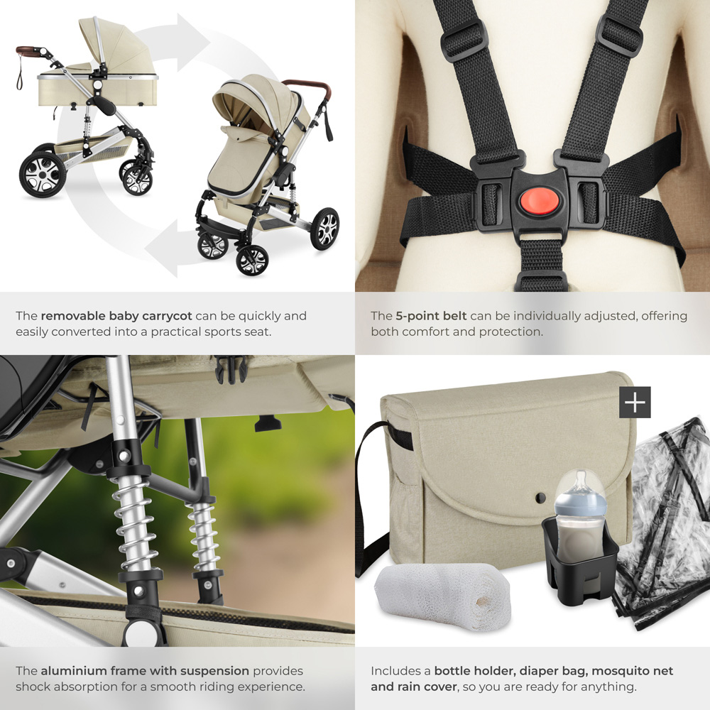 tectake Grey and Beige Foldable Pram Stroller with 5 Point Harness Safety Bar and Wrist Strap Image 7