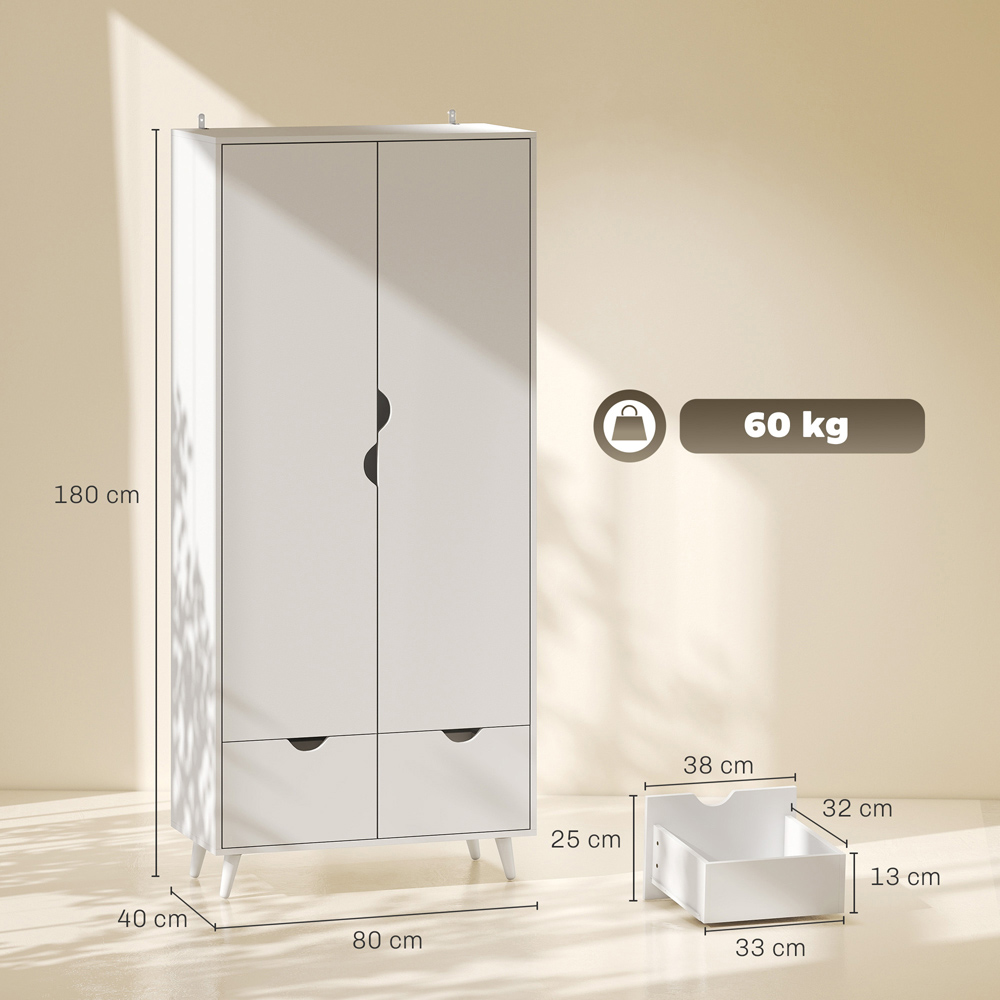 HOMCOM 2 Door 2 Drawer White Wardrobe Image 7