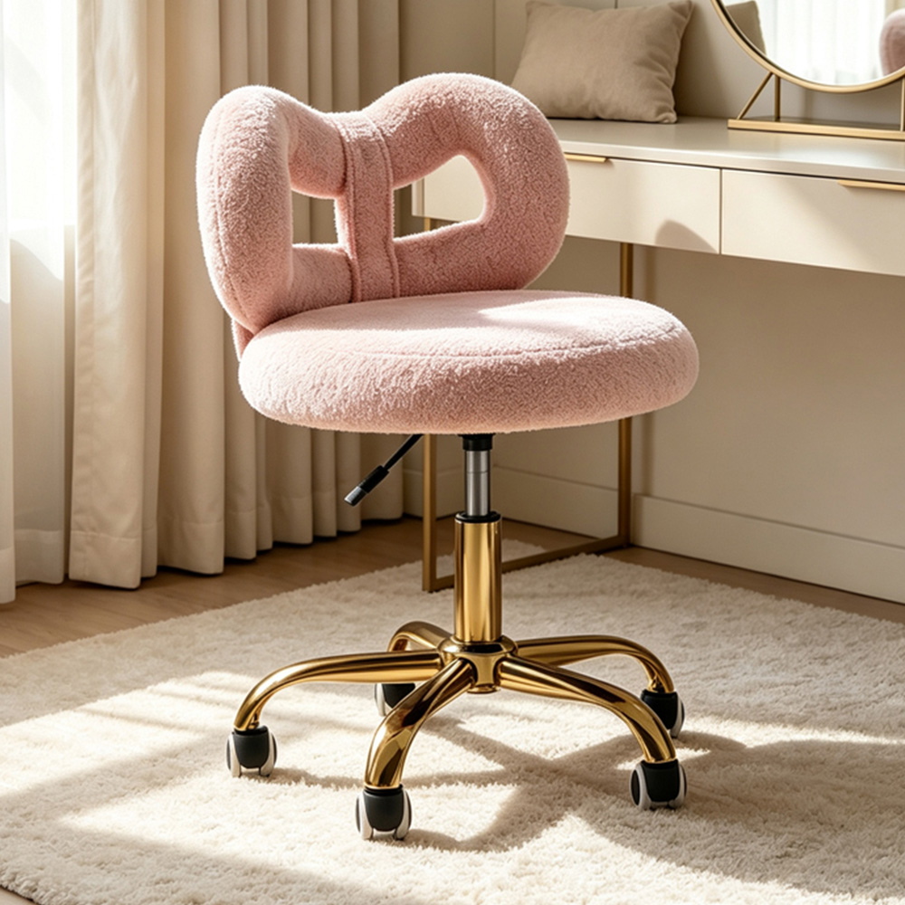 Living and Home Pink Teddy Fleece Bow Back Vanity Chair Image 1