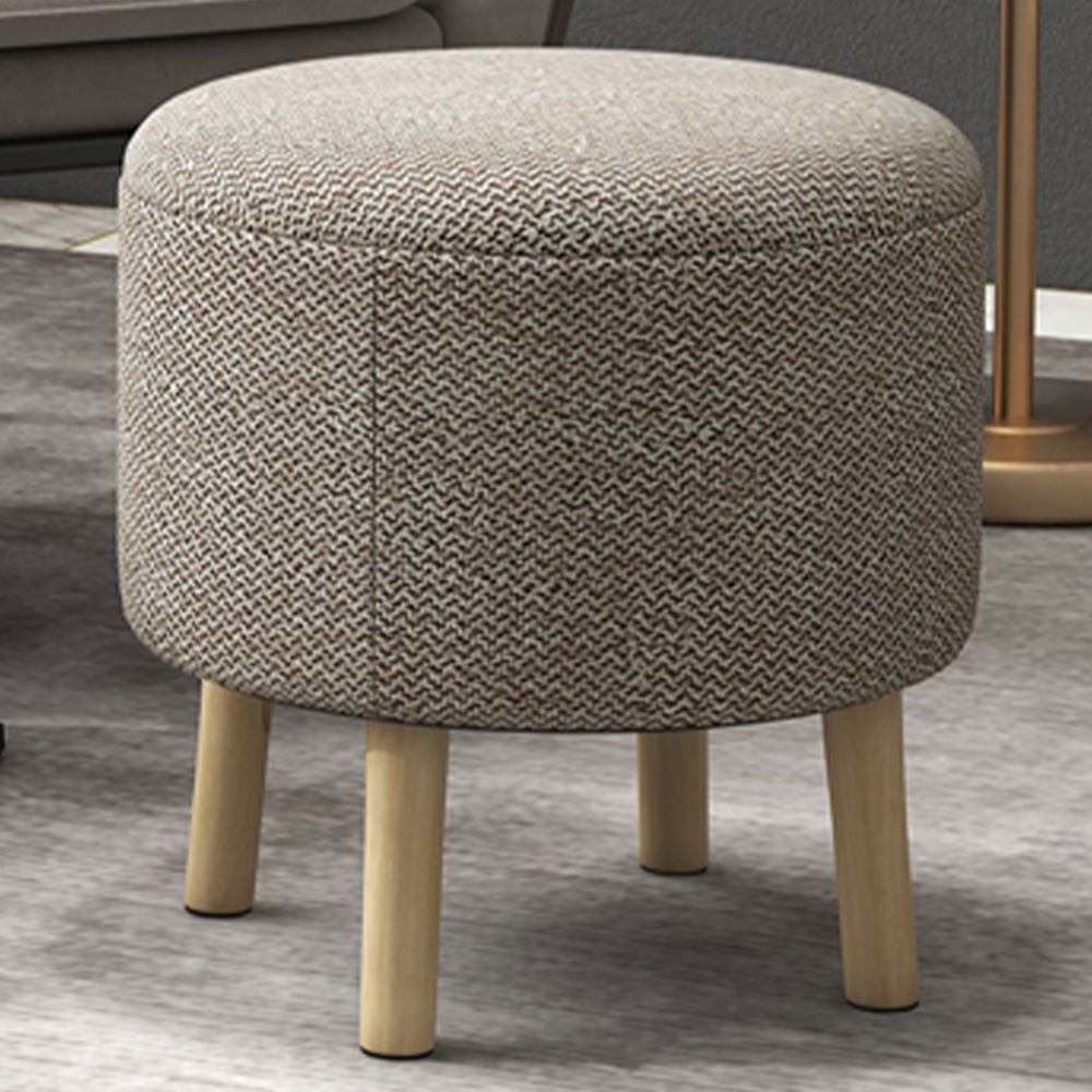 Portland Beige Round Linen Upholstered Ottoman Stool with Storage Image 1