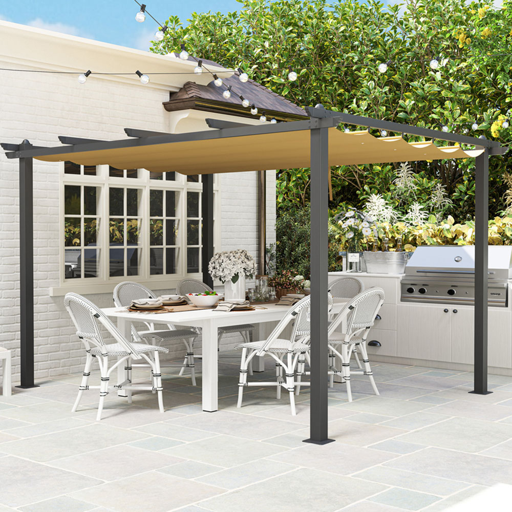 Outsunny 3 x 4m Khaki Aluminium Pergola Gazebo with Retractable Roof Image 1