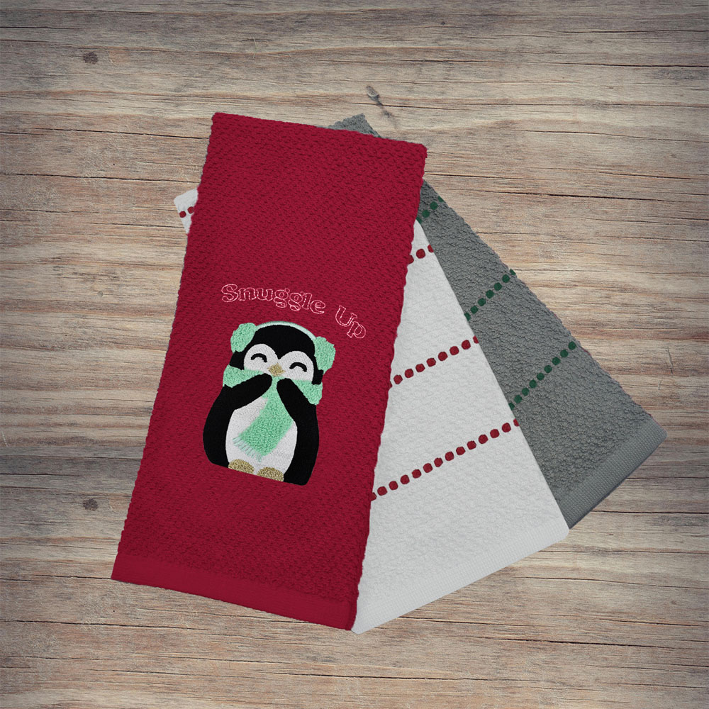 Noel Square Penguins Snuggle Red Tea Towel 3 Pack Image 2