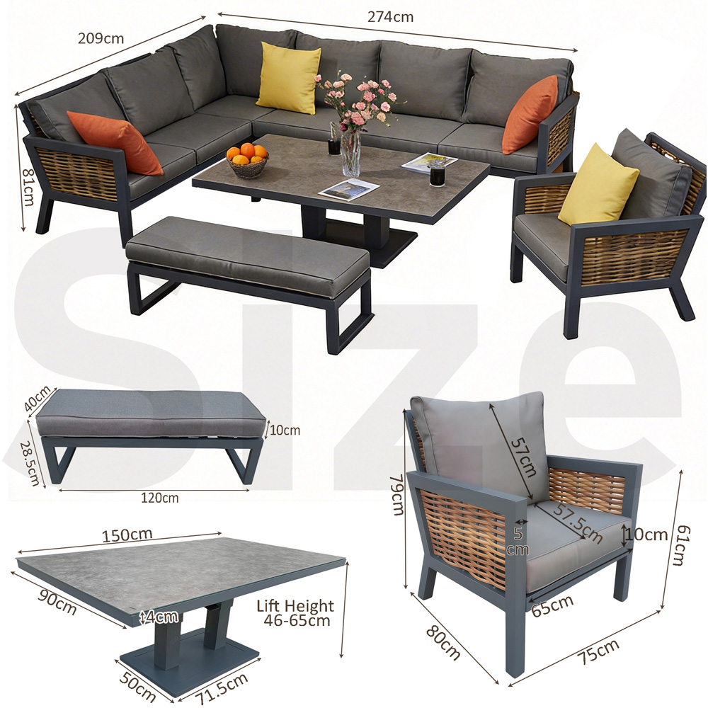 Furniture One 9 Seater Grey Aluminium Outdoor Corner Lounge Set with Lift-Up Table Image 8