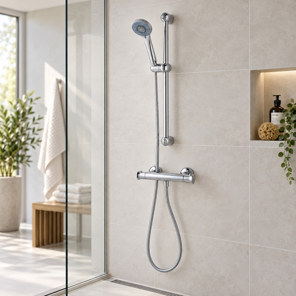 Go Bathrooms AquaSafe Chrome Brass Thermostatic Shower Image 2