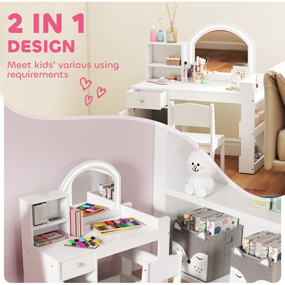 AIYAPLAY 2 Piece White LED Mirror Kids Dressing Table and Stool Set Image 8