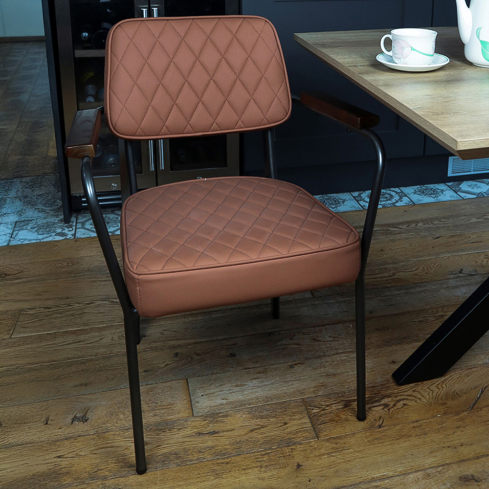 MMT Furniture Designs Set of 2 Tan Vintage Diamond Stitch Dining Chair with Wooden Armrests Image 1