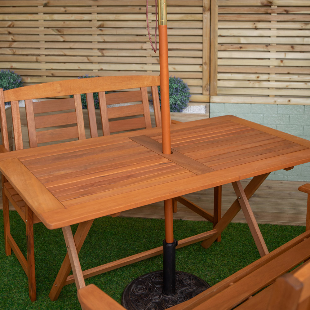 Samuel Alexander 4 Seater Wooden Rectangular Foldable Dining Bench Set with Cream Parasol and Base Image 3