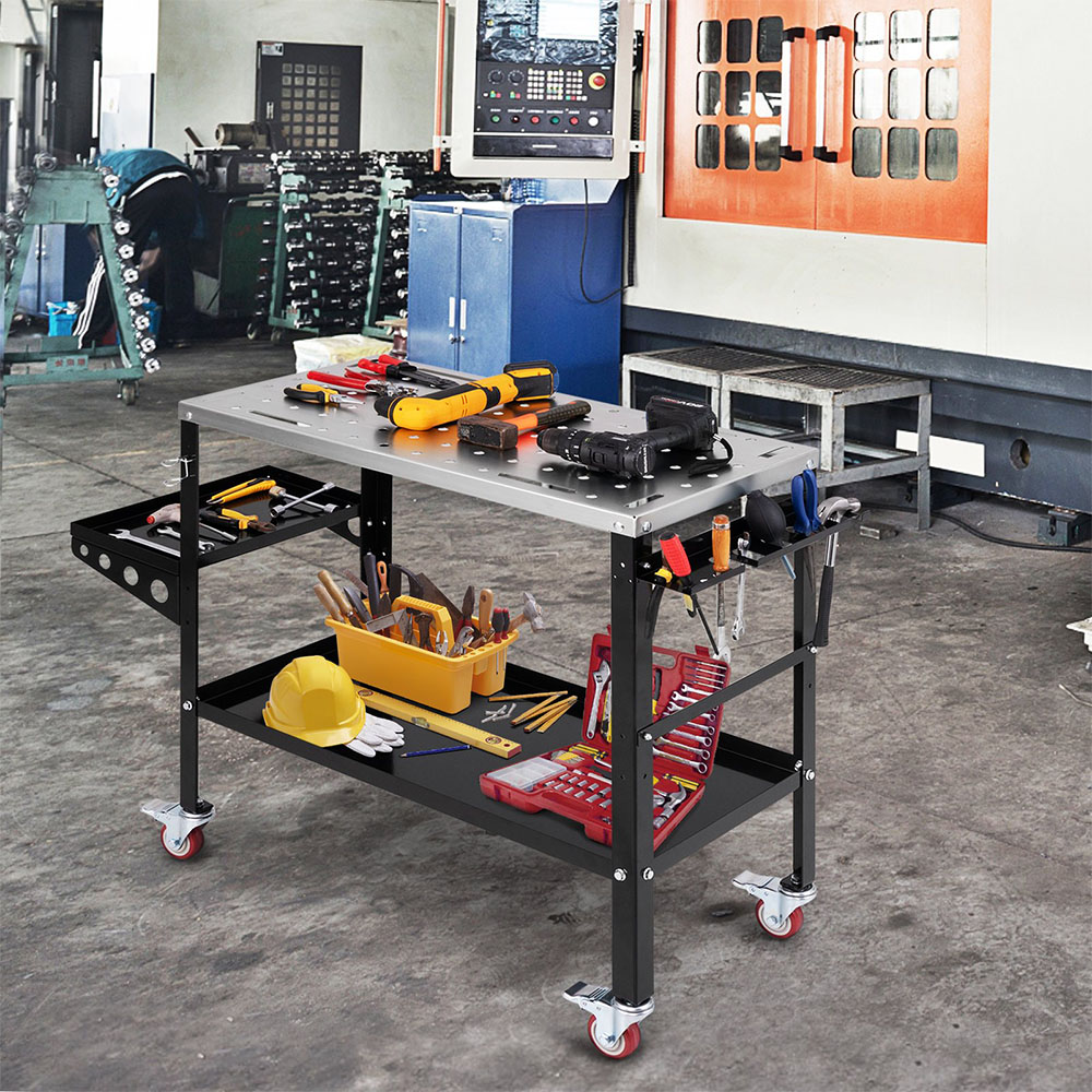 Costway Single Shelf 2 Tray Black Welding Table Workbench with Wheels Image 2