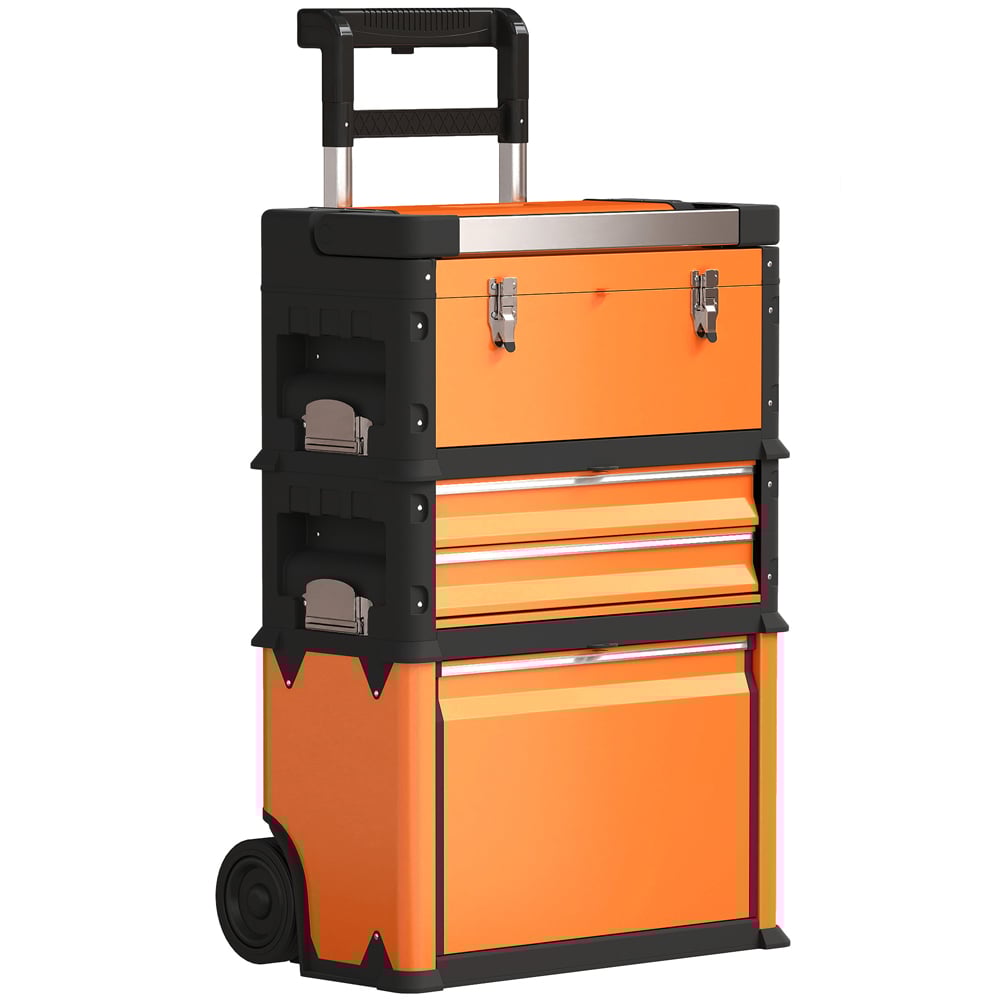 HOMCOM 3 Tier Orange Stackable Steel Tool Box with Wheels Image 1