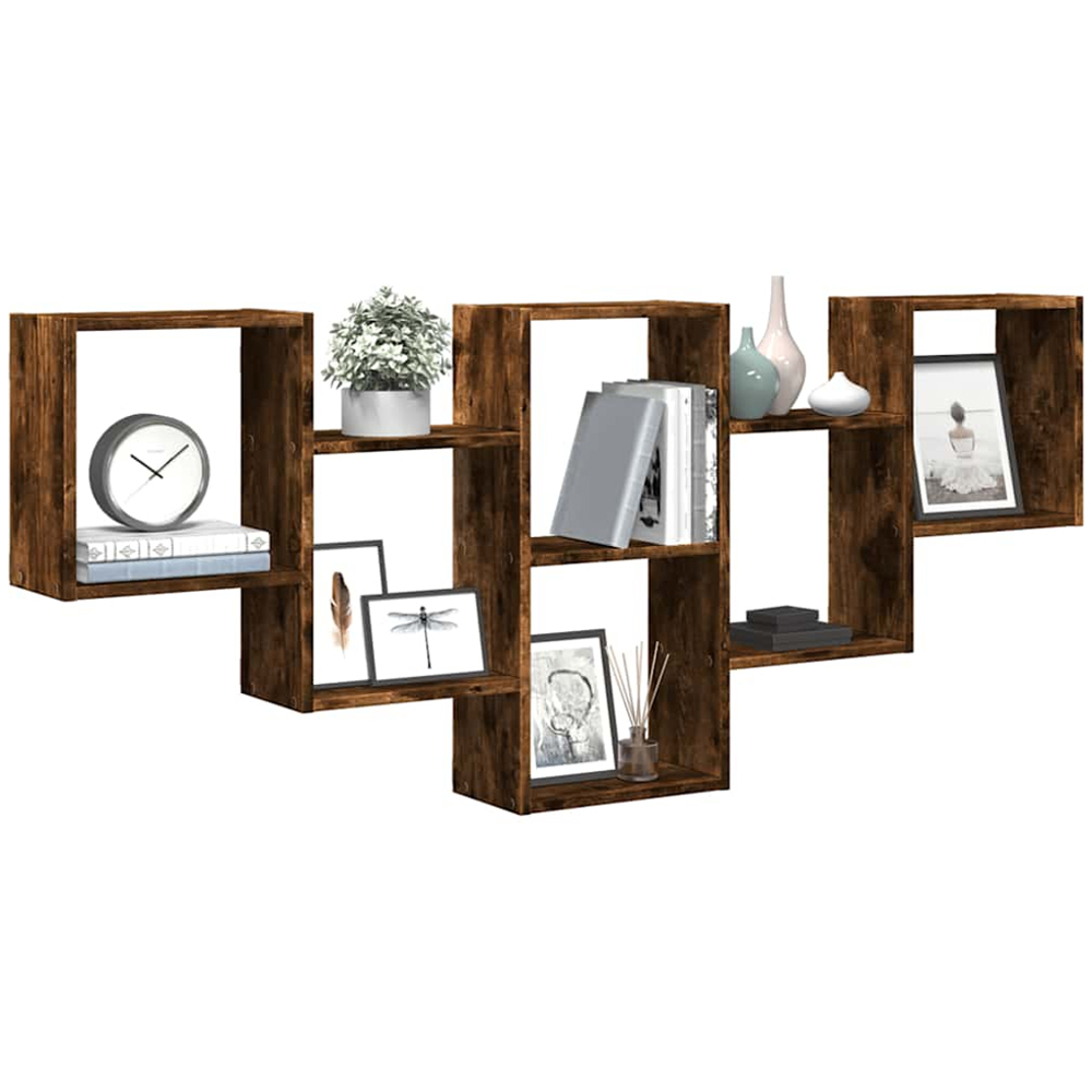 vidaXL 8 Shelf Smoked Oak Floating Wall Shelf Image 2