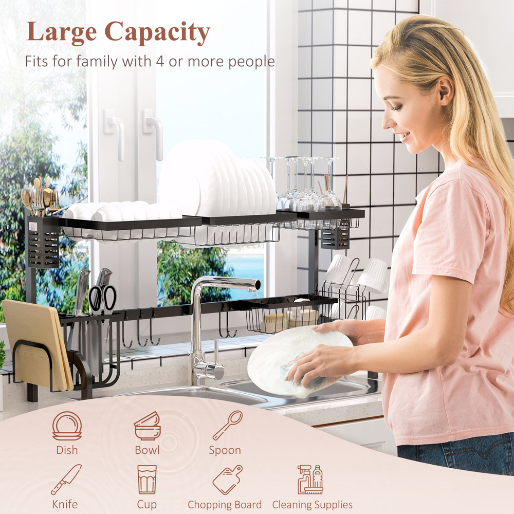 HOMCOM 2 Tier Black Over The Sink Dish Drainer Rack 100cm Image 5