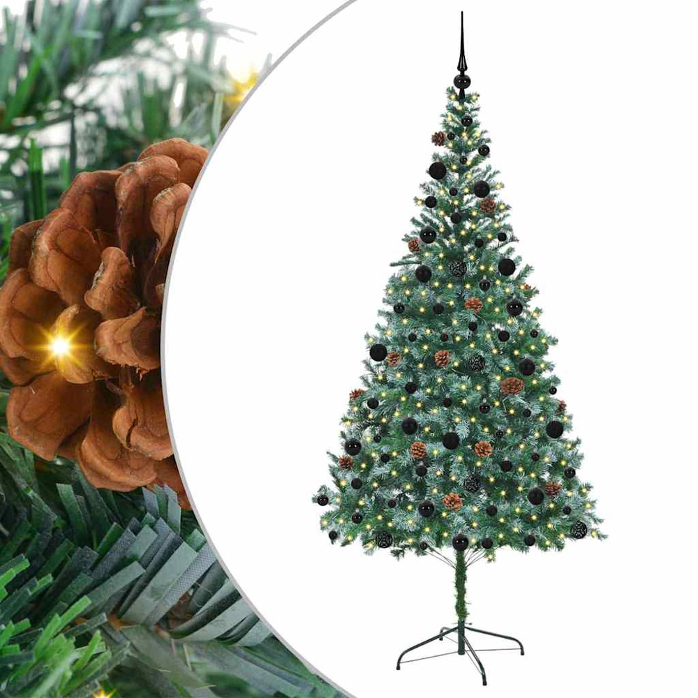 vidaXL Pre-Lit Black Baubles Green Artificial Christmas Tree 7ft Image 2