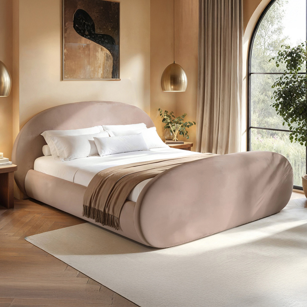 Flair Amos King Size Beige Velvet Sidelift Oval Ottoman Bed Image 1