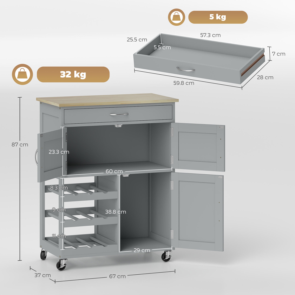 Portland 3 Door Single Drawer Grey Rolling Kitchen Island Trolley Image 9