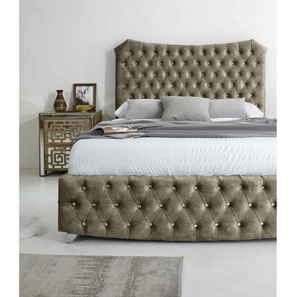 Eleganza Valentino Super King Oatmeal Marble Fabric Bed with Chesterfield Headboard and Footboard Image 6