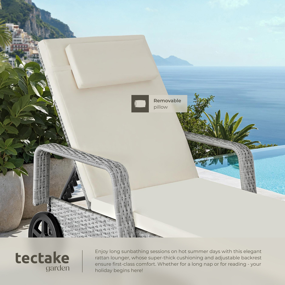 tectake Light Grey and Cream 6 Level Adjustable Sun Lounger with Soft Pillow and Wheels Image 3