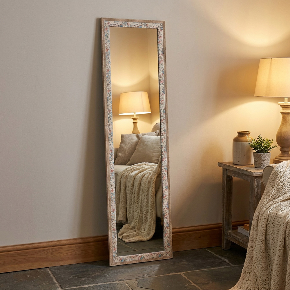 Floral Linen Wooden Dress Mirror Cream Image 2