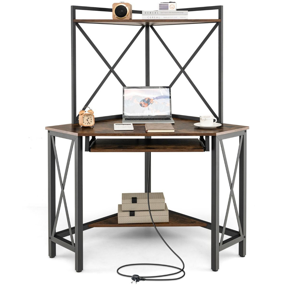 Costway 2 Shelf Corner Computer Desk with Keyboard Tray Rustic Brown Image 2