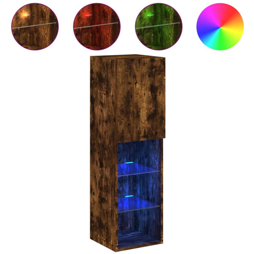 vidaXL Single Door 3 Shelf Smoked Oak Wall Mounted LED TV Cabinet Image 2