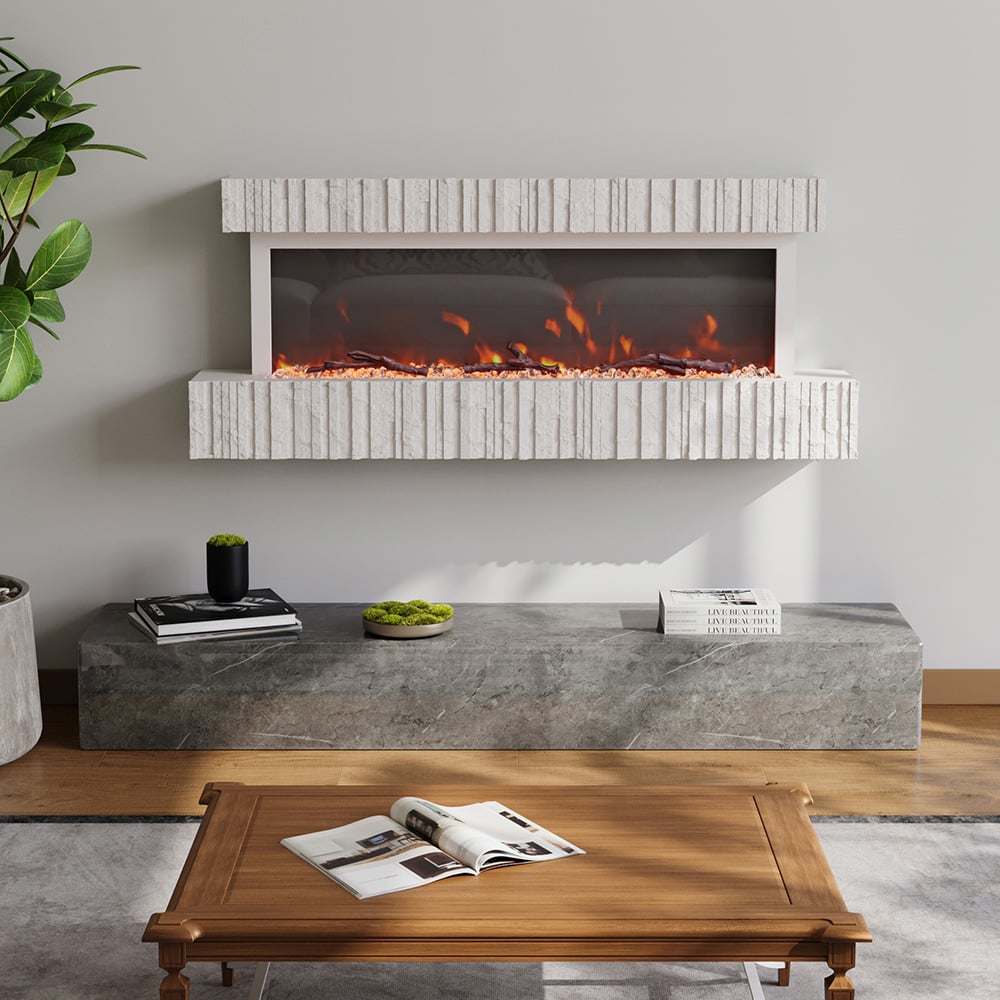 Living and Home White Wall Mounted Electric Fireplace with Resin Fake Firewood Image 2