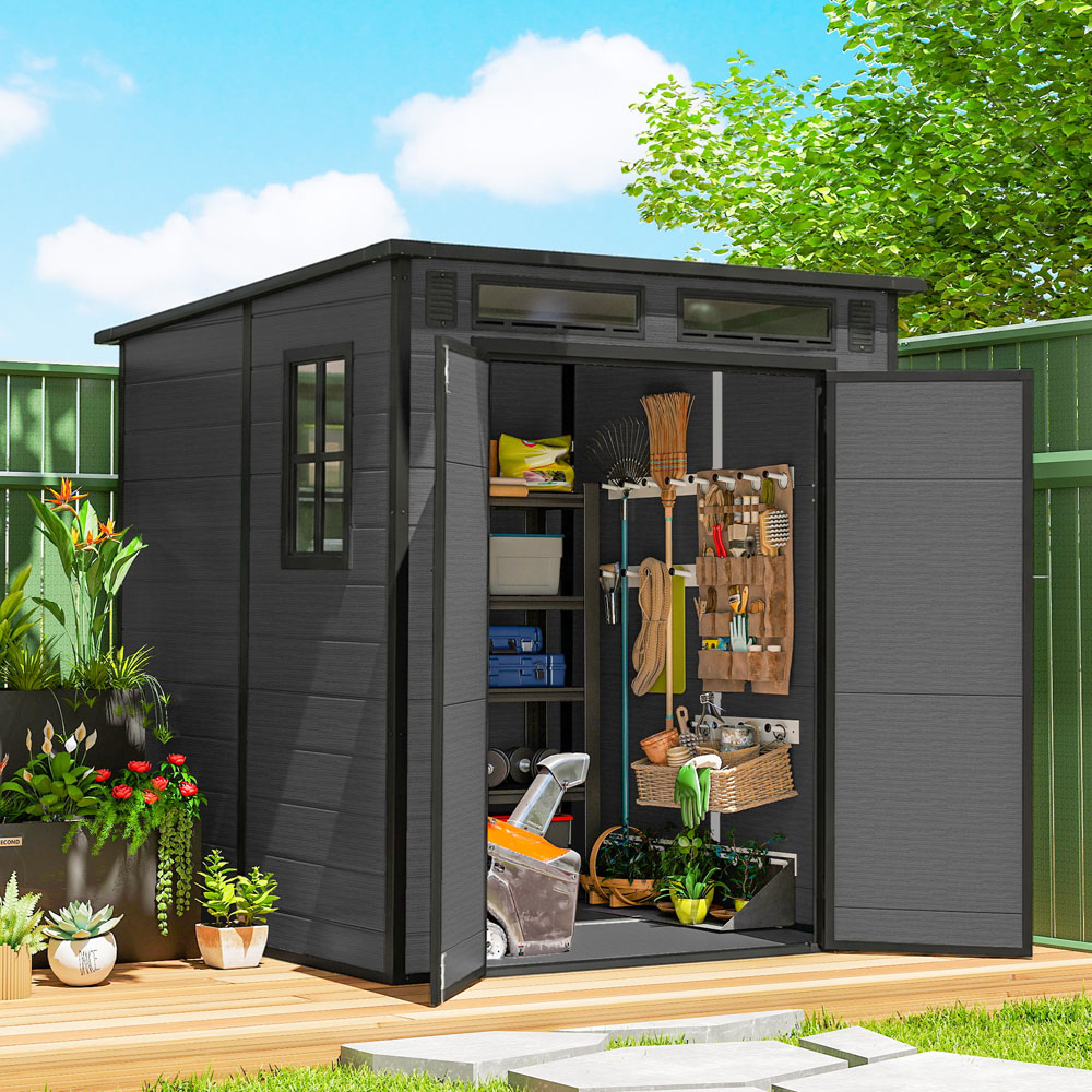 Outsunny 6 x 6ft Dark Grey Pent Garden Shed with Built-In Floor Image 2