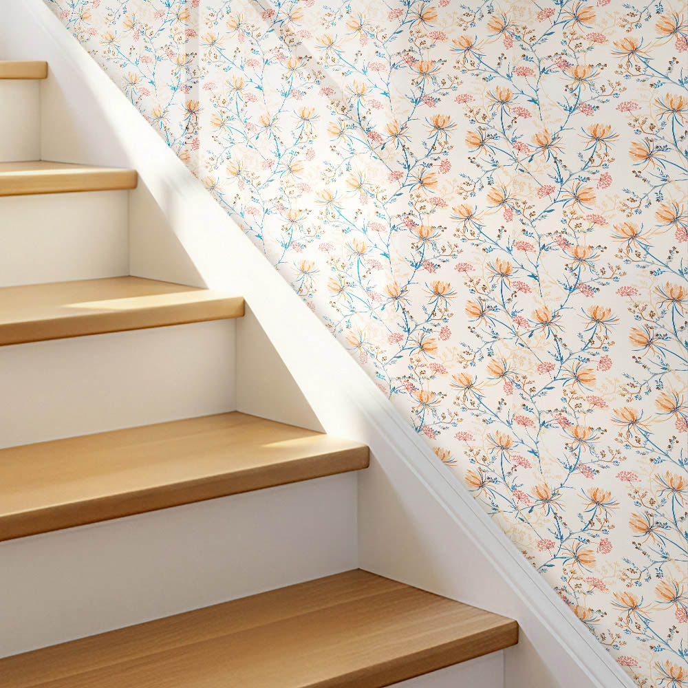 Living and Home Floral Pattern Orange and Beige Peel and Stick Wallpaper Image 2