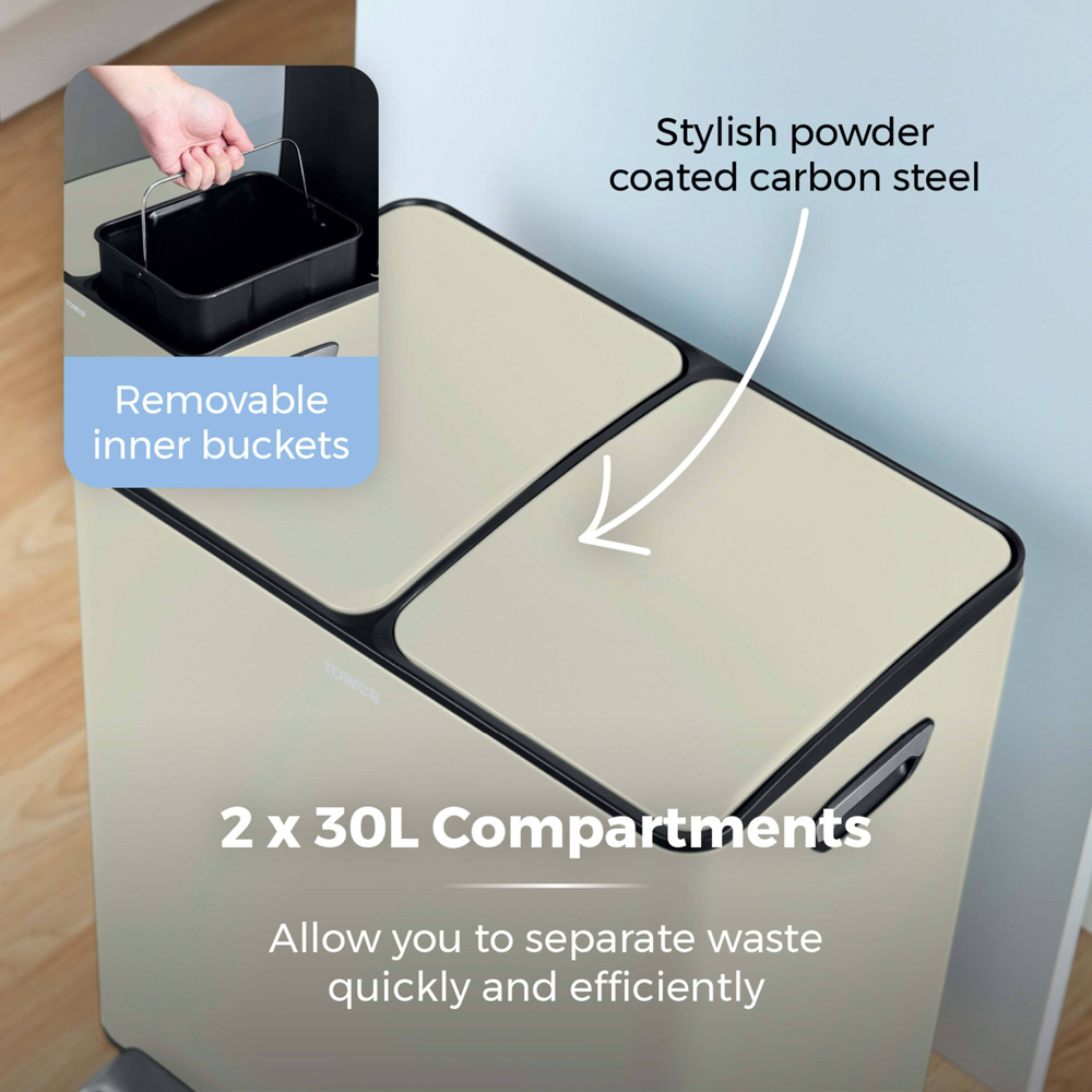 Tower Double Recycling Cream Pedal Bin 60L Image 5