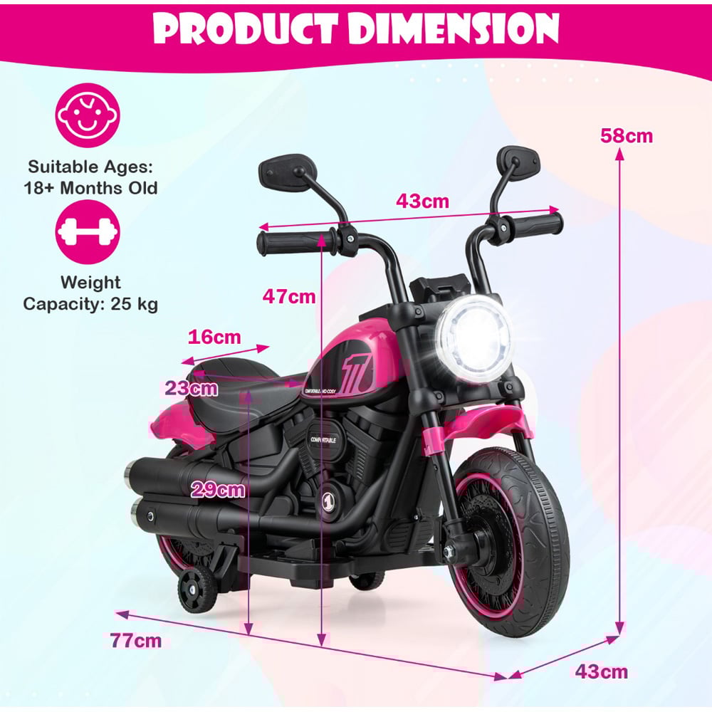 Costway Kids Pink Ride On Motorcycle with Training Wheels and Headlight 6V Image 8