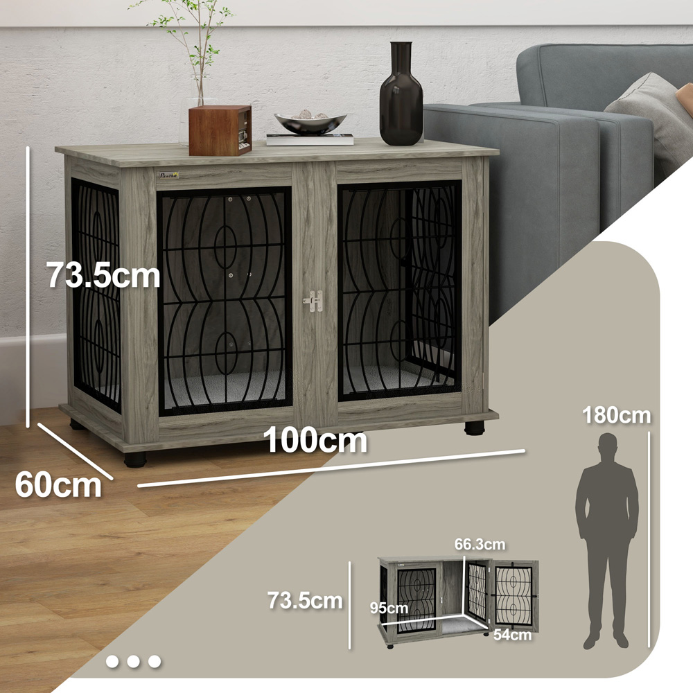 PawHut Grey Dog Crate End Table with Cushion 94cm Image 7