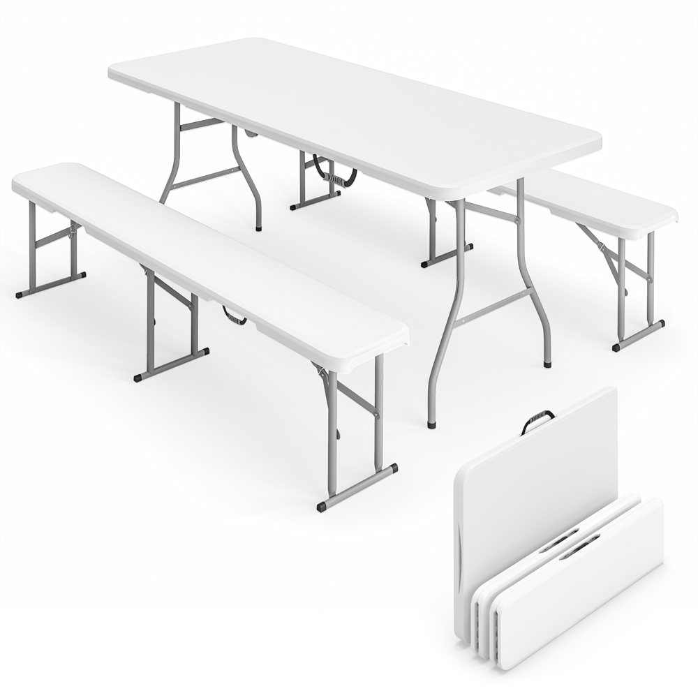 Outsunny 6 Seater White Foldable Picnic Table and Bench Set with Handles Image 2