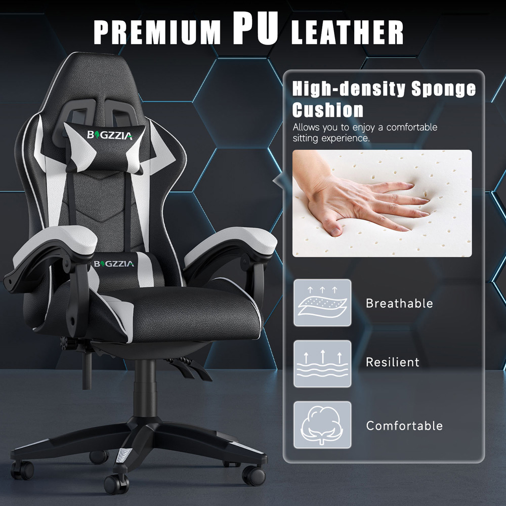 Rattrix White PU Leather High Back Reclining Gaming Chair with Headrest and Lumbar Support Image 3