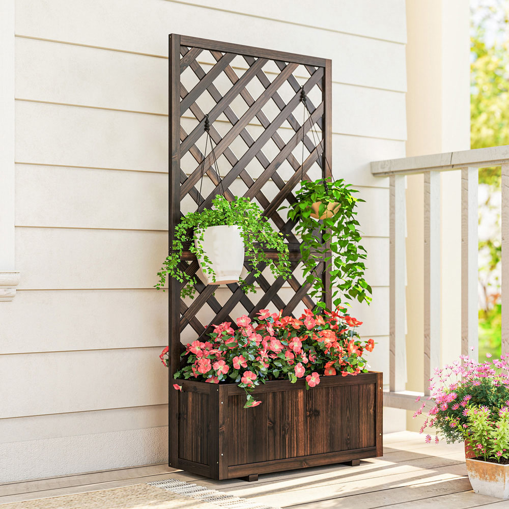 Outsunny Carbonised Wooden Raised Garden Bed Planter Box with Trellis 149.5 x 31.5 x 72.5cm Image 3