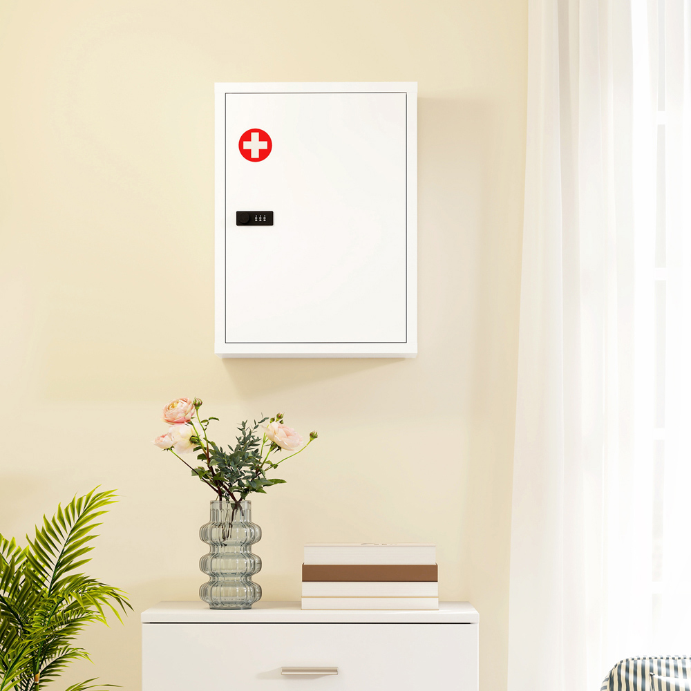 HOMCOM Single Door White Wall-Mounted Medicine Cabinet with Combination Lock Image 4