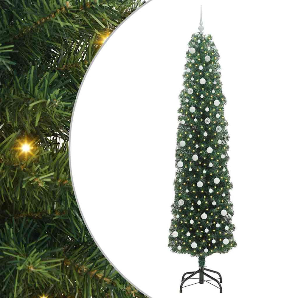 vidaXL Green Artificial Christmas Tree with LEDs White Decoration Ornaments 8ft Image 2