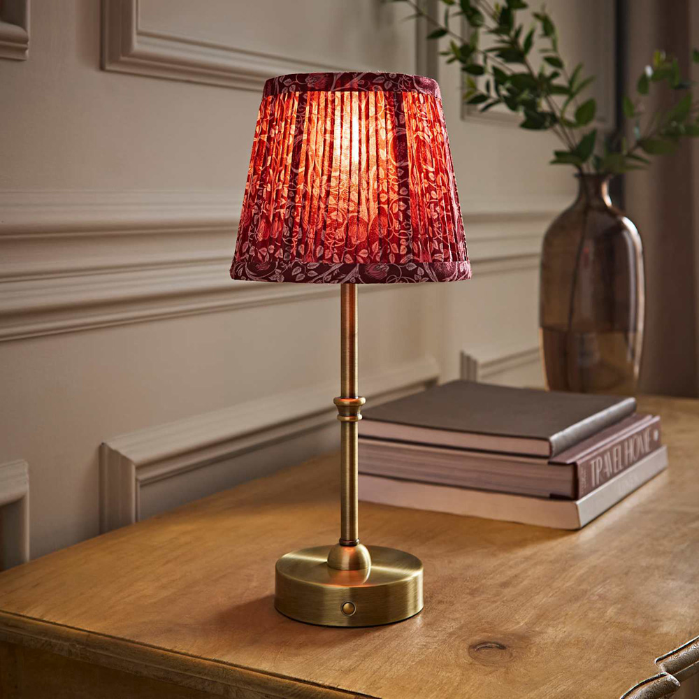 ValueLights Lowe Burgundy Floral Pleated Shade Gold Rechargeable Table Lamp with Bulb Image 6