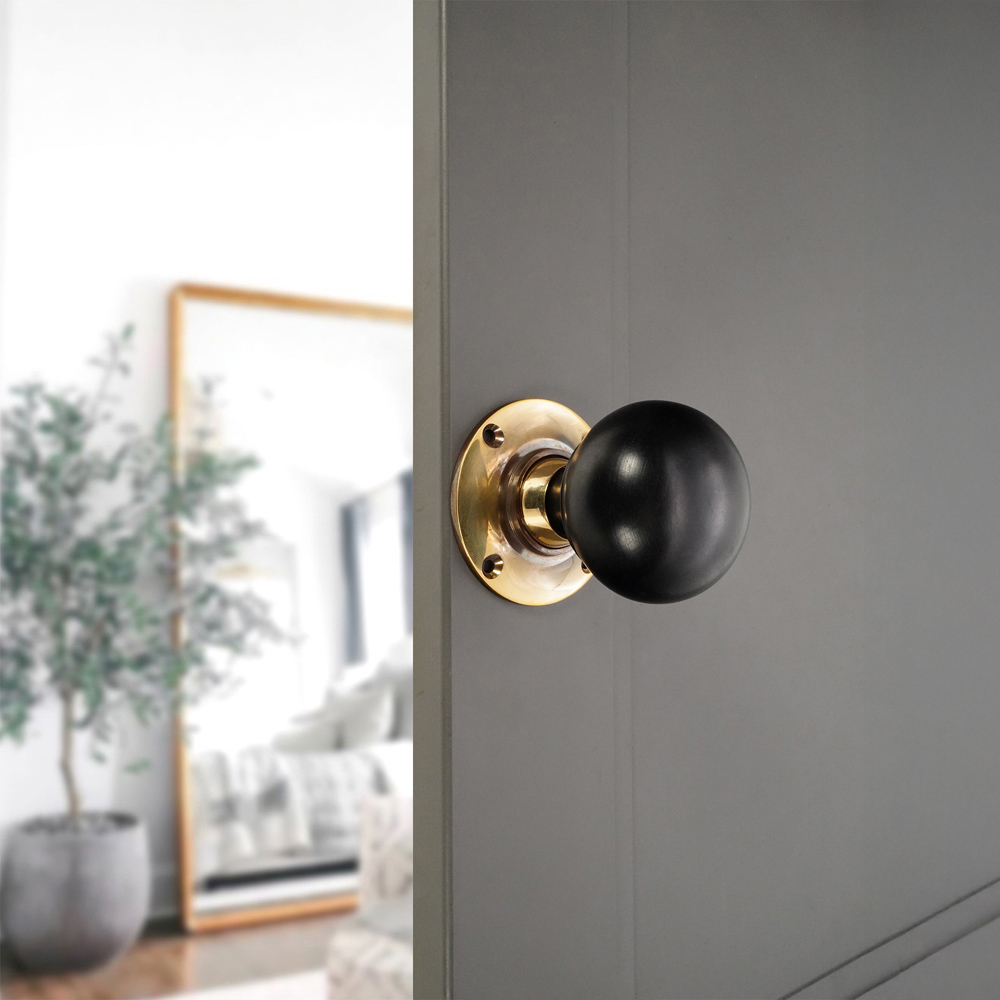 Spira Brass Aged Brass Ebony Bun Rim and Mortice Door Knob 2 Pack Image 2