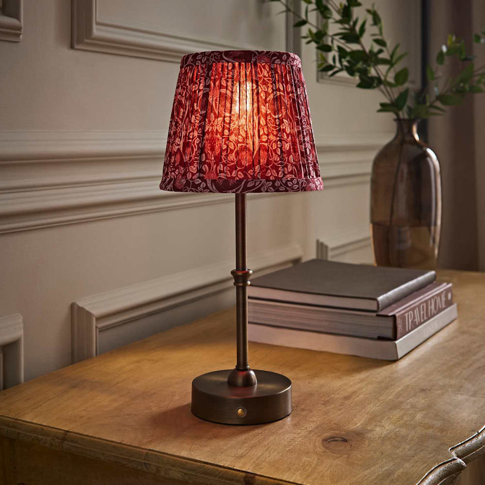 ValueLights Lowe Burgundy Floral Pleated Shade Brass Rechargeable Table Lamp with Bulb Image 6