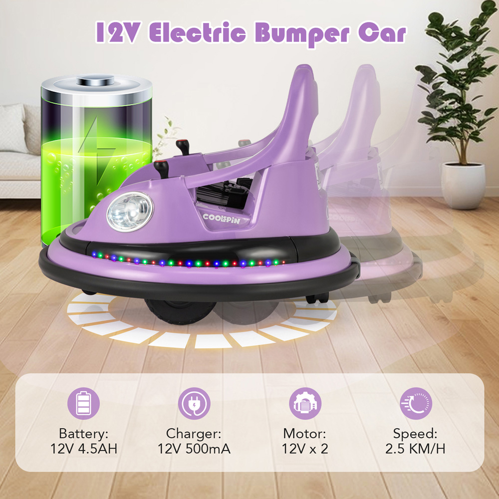 Costway Kids Purple Ride On Bumper Car with Dual Joysticks and 5 Light Effects 12V Image 7