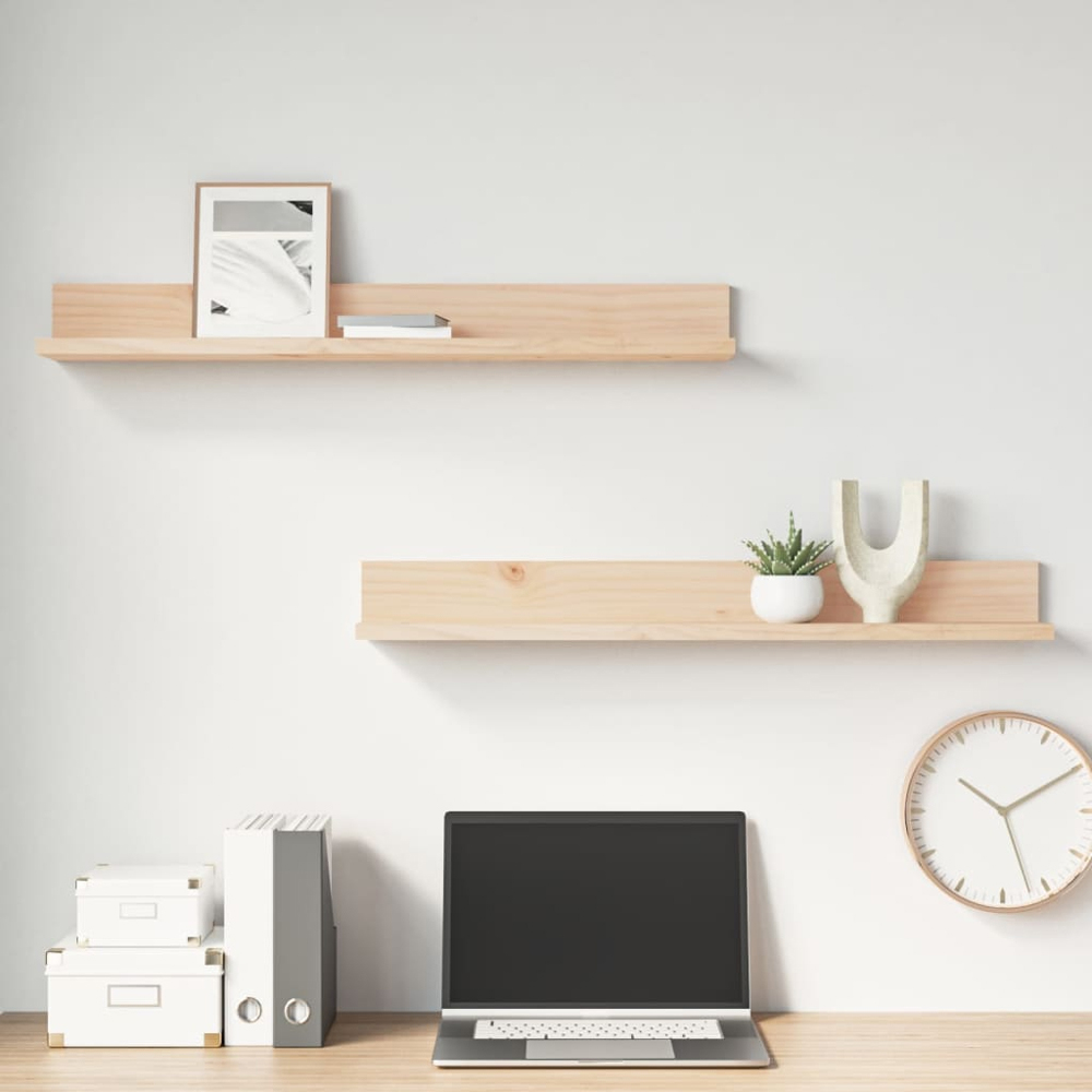 vidaXL 80cm Set of 2 Natural Solid Pine Wood Floating Wall Shelf Image 2