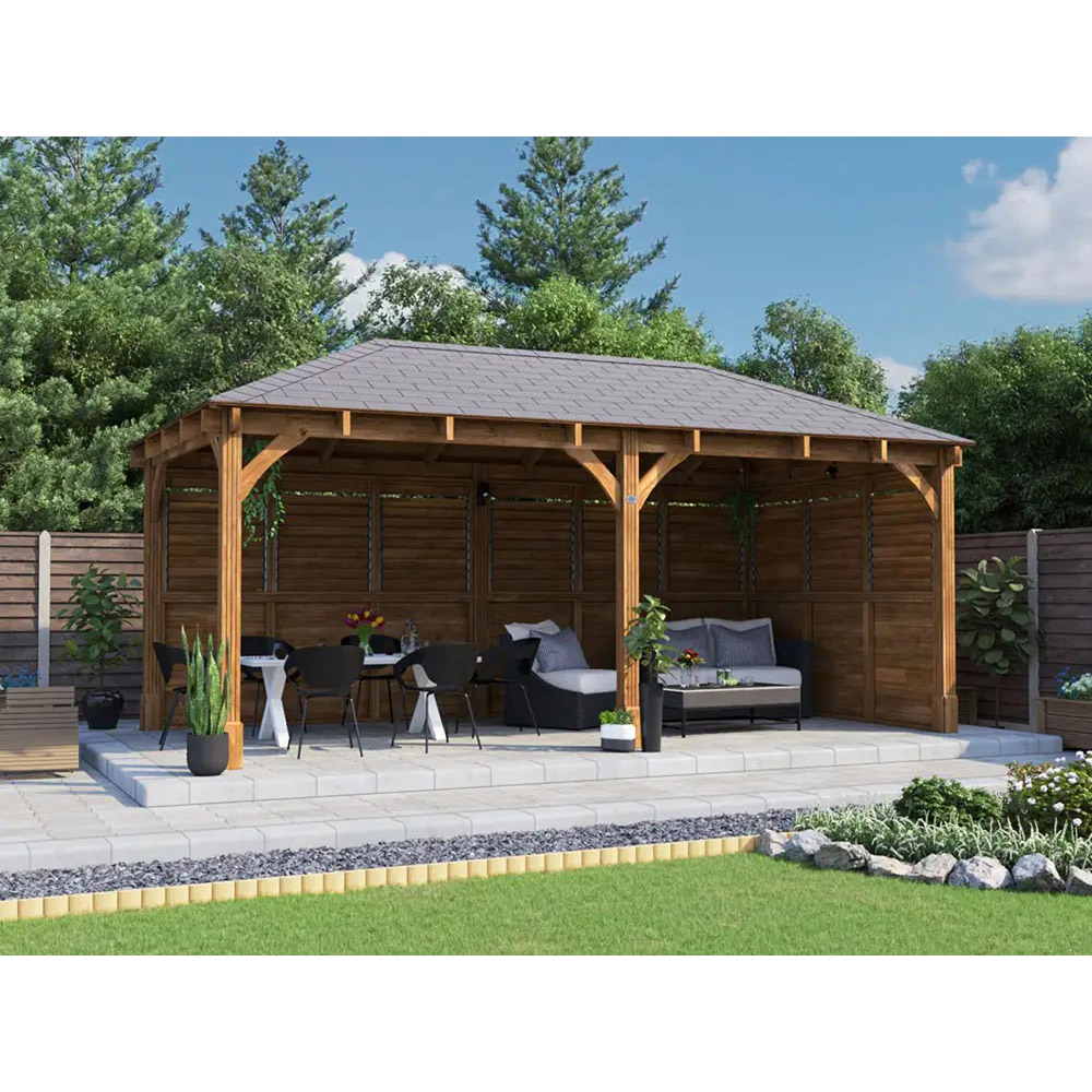 Dunster House Leviathan 6 x 3m Brown Louvre Wall Garden Gazebo with Roof Shingles Image 3