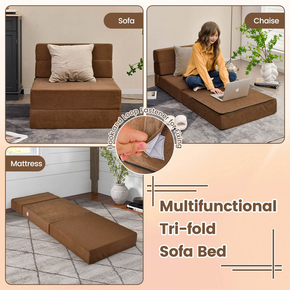 Costway Single Seater Brown Tri Folding Convertible Sofa Bed Image 4