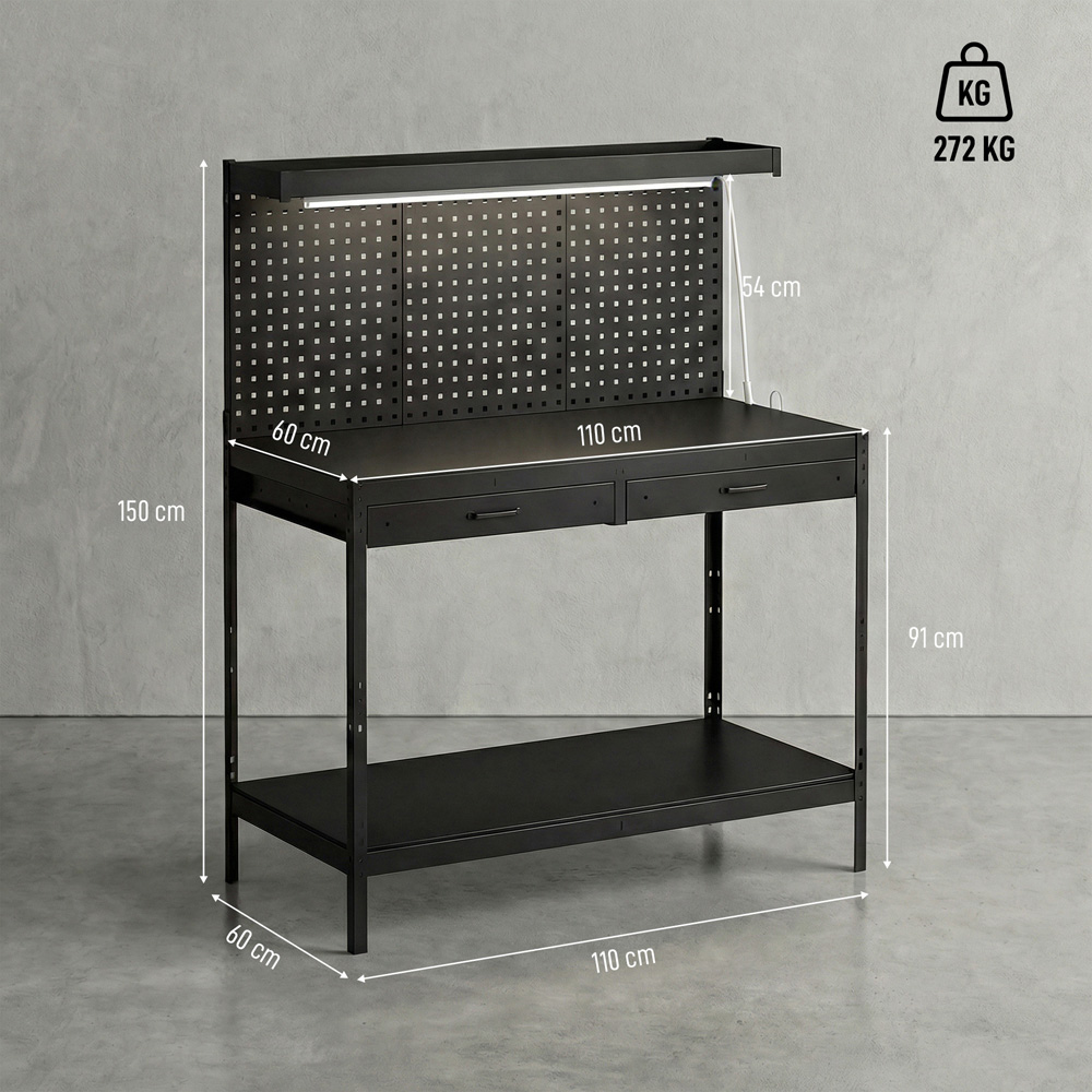 HOMCOM 2 Drawer Single Shelf Black Workbench with Pegboard and LED Light Image 9