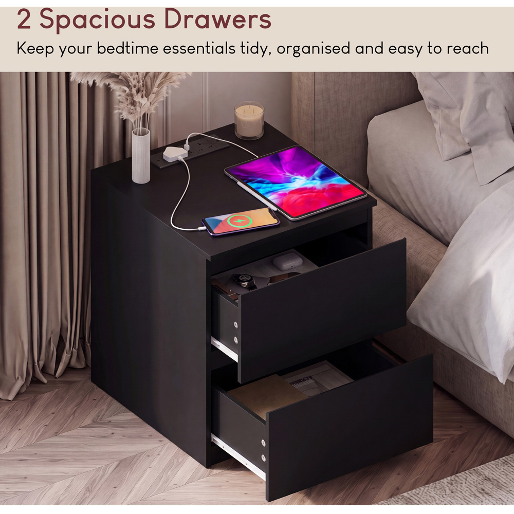 VIDA DESIGNS Denver 2 Drawer Black Large Bedside Chest with Power Outlet Image 5