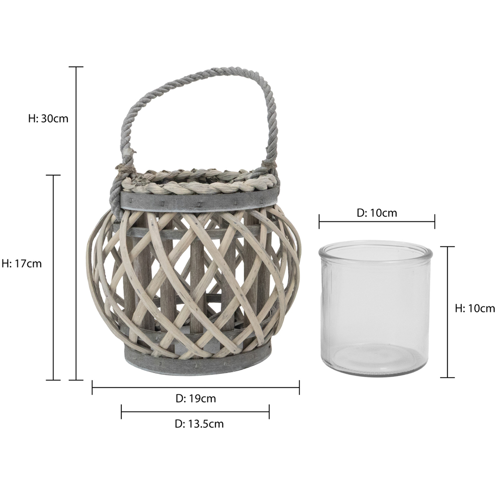 JVL Luna Grey Wash Natural Willow Wood Round Lantern with Braided Rope Handle Image 7