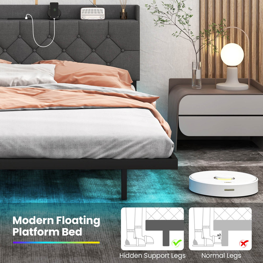 Costway King Size Grey Floating Bed Frame with Charging Station Image 8