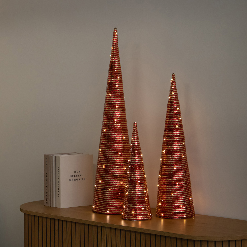 Samuel Alexander 120 Warm White LED Red and Gold Braid Christmas Cone Tree with Timer Set of 3 Image 7